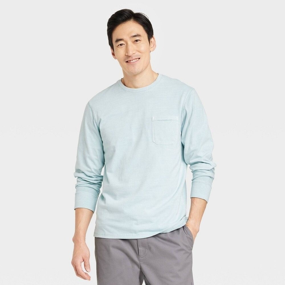 Men's Standard Fit Crewneck Long Sleeve T-Shirt - Goodfellow & Co™ Light Aqua Bl